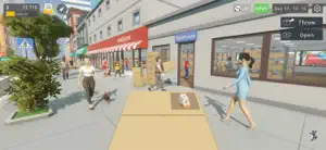 A pedestrian street outside the store with customers and a dog walking past
