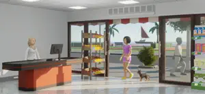 A shop interior with a wooden counter, a computer and a dog by the glass doors