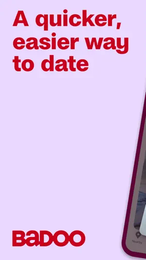 Badoo promo frame with the line A quicker, easier way to date in red over a lilac background