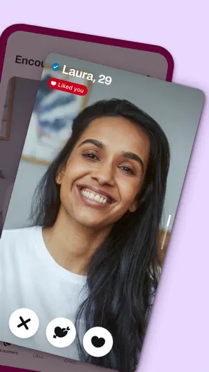 Encounters card for Laura, 29, with a verification tick, a Liked you tag and pass, crush and like buttons