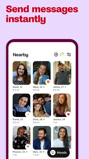 Nearby grid of nine profiles with names, ages and distances from 0.2 to 1.3 miles, plus a Moods button