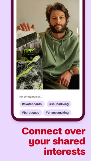 Interest chips for skateboards, scuba diving, barbecues and cheesemaking under a photo of a man holding a skateboard