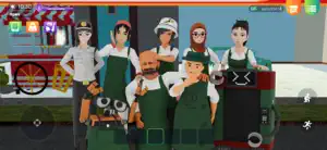 Line-up of seven hired staff in aprons and uniforms in front of the shop