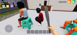 Hitting a seated troublemaker with a bat beside a green stool in the dining area