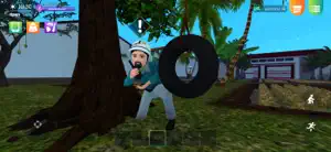 A man hiding inside a tyre swing under a tree with an exclamation mark above him