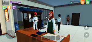 Inside the shop with a cashier counter, shelves and staff in green aprons