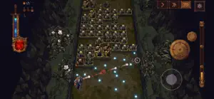 A hero at the bottom of a dark pit firing a ball into a grid of goblins, with a virtual stick