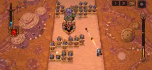 A boss encounter in the desert pit with a horned brute in front of blue soldiers