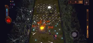 A forest pit with glowing damage numbers as balls scatter through enemies