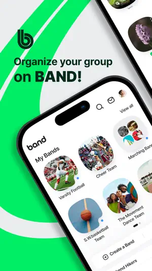 My Bands grid showing team and club groups with cover photos