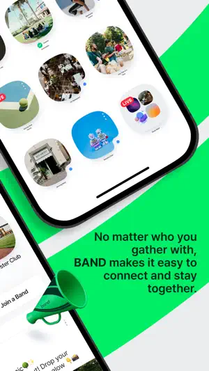 Promotional collage of band covers around the app logo