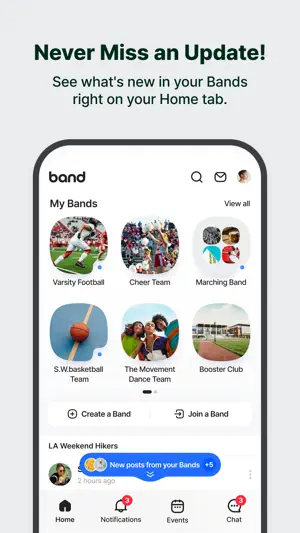 Home tab with band tiles and a new posts notification bar