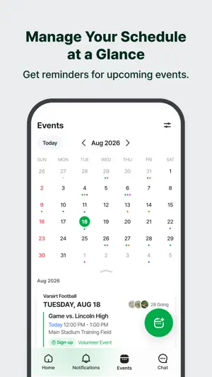 Events calendar for August 2026 with a fixture and 28 going