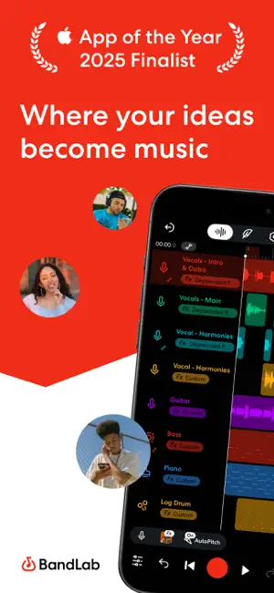 BandLab Studio track list on a red promo slide with vocal, guitar, bass, piano and log drum lanes and an App of the Year 2025 Finalist badge