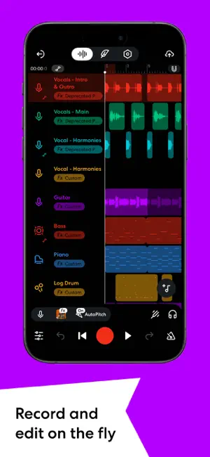 Mobile Studio timeline with colored waveform regions for vocals, guitar, bass, piano and log drum above a red record button