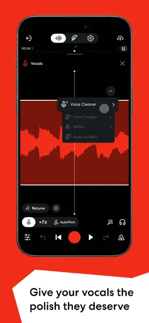 Vocal region in the Studio with a pop-up menu listing Voice Cleaner, Voice Changer, Splitter and Audio-to-MIDI
