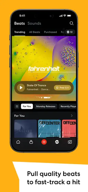 Beats tab showing a trending beat with a Free price tag, and For You and Monday Releases rows below