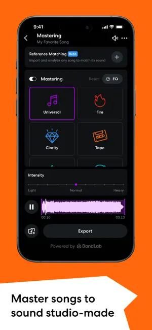 Mastering screen with Universal, Fire, Clarity and Tape preset tiles, a Reference Matching Beta bar and an intensity slider from Light to Heavy
