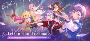 Key art of five lead characters from the five bands posing under a starry night sky, one with a megaphone and one with a guitar, captioned Let our sound resonate