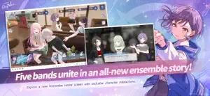 Immersive Home screen with band members lounging on a sofa and Gacha, Shop, Story and Band buttons, beside a story scene where Nyamu talks to two bandmates