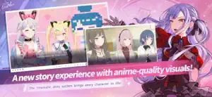 Cinematic story panels: Mugendai MewType members in bunny and cat ears next to a pixel-art mascot, and a millsage classroom scene