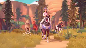 Barbie riding a pinto horse through a red-rock canyon past grazing horses