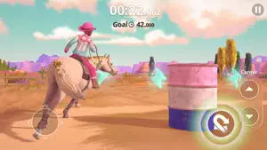 Barrel racing with a timer and a 42-point goal, the horse rounding a pink barrel