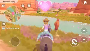 Riding through Moonrise Valley toward a heart marker with a river behind — Befriend a horse