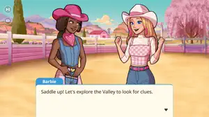 Brooklyn and Malibu Barbie in pink hats, saddling up to explore the Valley for clues