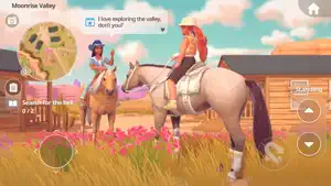 Two riders by a ranch fence with quest markers on the minimap