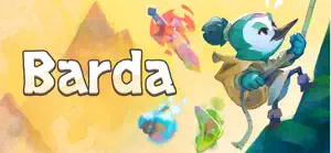Barda title art — a bird explorer with a backpack climbing a rope past floating gems