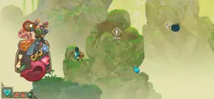 The explorer standing before a mossy green rock face with hidden-item icons