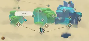 The mountain map — dotted paths between nodes with a Trade stop and turquoise lakes