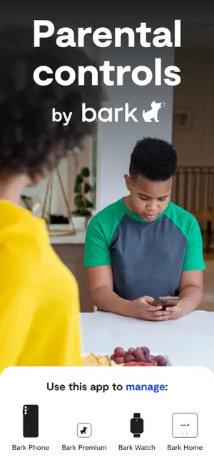 Bark parental controls title card over a boy using a phone, with Bark Phone, Bark Premium, Bark Watch and Bark Home icons