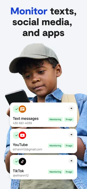 Monitoring cards for a child's text messages, YouTube and TikTok accounts, each marked Monitoring, 1h ago