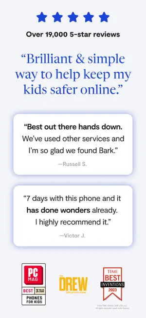 Promo panel claiming over 19,000 five-star reviews, with two parent quotes and PCMag and TIME Best Inventions 2023 badges