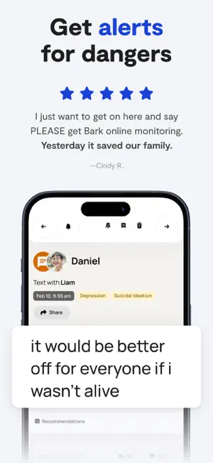 Sample alert on a text conversation tagged Depression and Suicidal Ideation, with a Share button and recommendations below