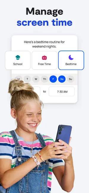 Screen time routine picker with School, Free Time and Bedtime options, set for Friday and Saturday until 7:30 AM