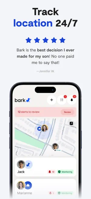 Family map with two children's locations, a banner with 12 alerts to review and Monitoring status cards