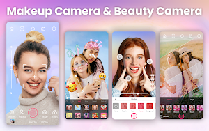 Four phone screens under the caption Makeup Camera & Beauty Camera: live makeup, bunny-ear AR stickers, face sliders and a filter strip