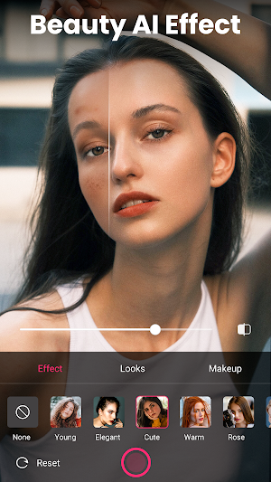 Split before-and-after face with the Effect tab open and presets None, Young, Elegant, Cute, Warm and Rose