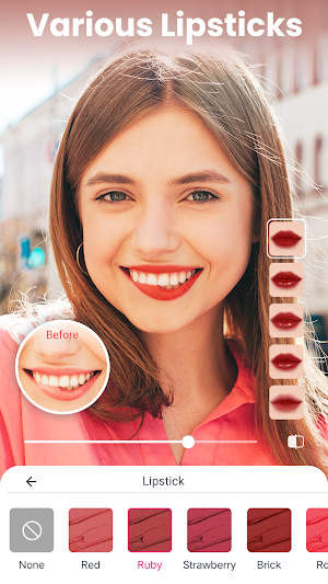 Lipstick picker with Red, Ruby, Strawberry and Brick swatches and a Before inset of smiling lips