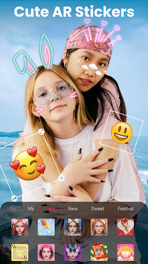 Two friends wearing neon bunny ears, cat whiskers and emoji stickers above Hot, New, Sweet and Festival sticker tabs
