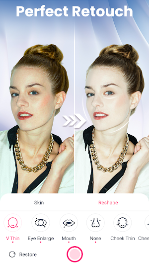 Reshape panel with V Thin, Eye Enlarge, Mouth, Nose and Cheek Thin icons under a before-and-after portrait