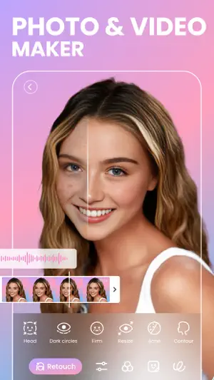 Retouch editor with a before-and-after split on a portrait and tools for Head, Dark circles, Firm, Resize, Acne and Contour