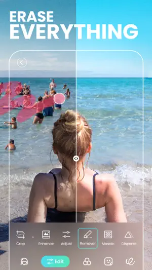 Remover tool in the Edit tab marking swimmers in red on a beach photo, beside Crop, Enhance, Adjust, Mosaic and Disperse