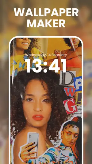 Wallpaper Maker preview of a collage-style lock screen showing 13:41 over cut-out photos and magazine letters