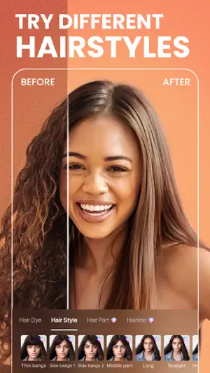 Hair Style tab with a before-and-after split from curly to straight hair, with Hair Part and Hairline marked by a diamond