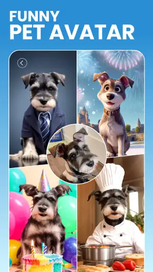 Pet avatar results showing a schnauzer as a businessman, a cartoon dog, a birthday pup and a chef