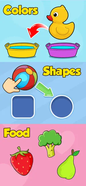 Three-panel promo: a rubber duck sorted between yellow and purple tubs, a ball matched to a circle, and fruit under a Food label